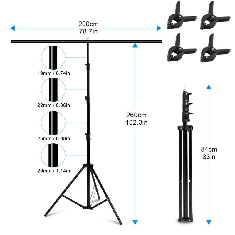 Meking Stand Background Backdrop Photography T-Shape 200x260cm with 4 Clamp Clip - M139-260