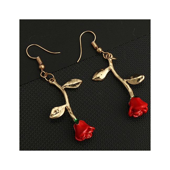 LRC Anting Gantung Vintage Red Rose Shape Design Long Earrings