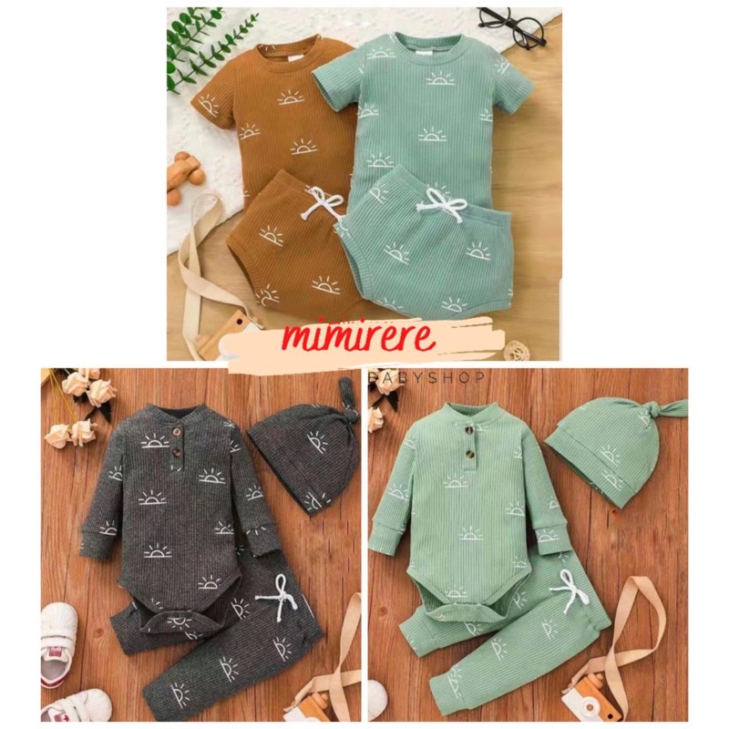 Setelan 2in1 Import Bayi &amp; Topi Earth Series | Baby Rib Set Pendek dan Set Panjang