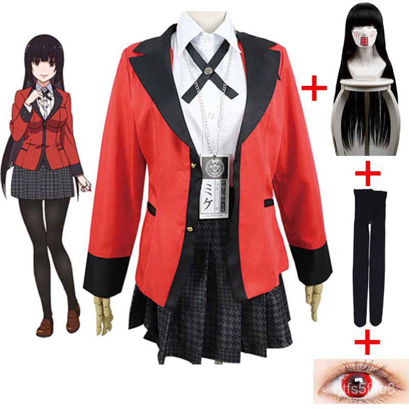 Anime Kakegurui Jabami Yumeko Full Set Cosplay Costume Wig Socks Cosmetic Contact Shoes