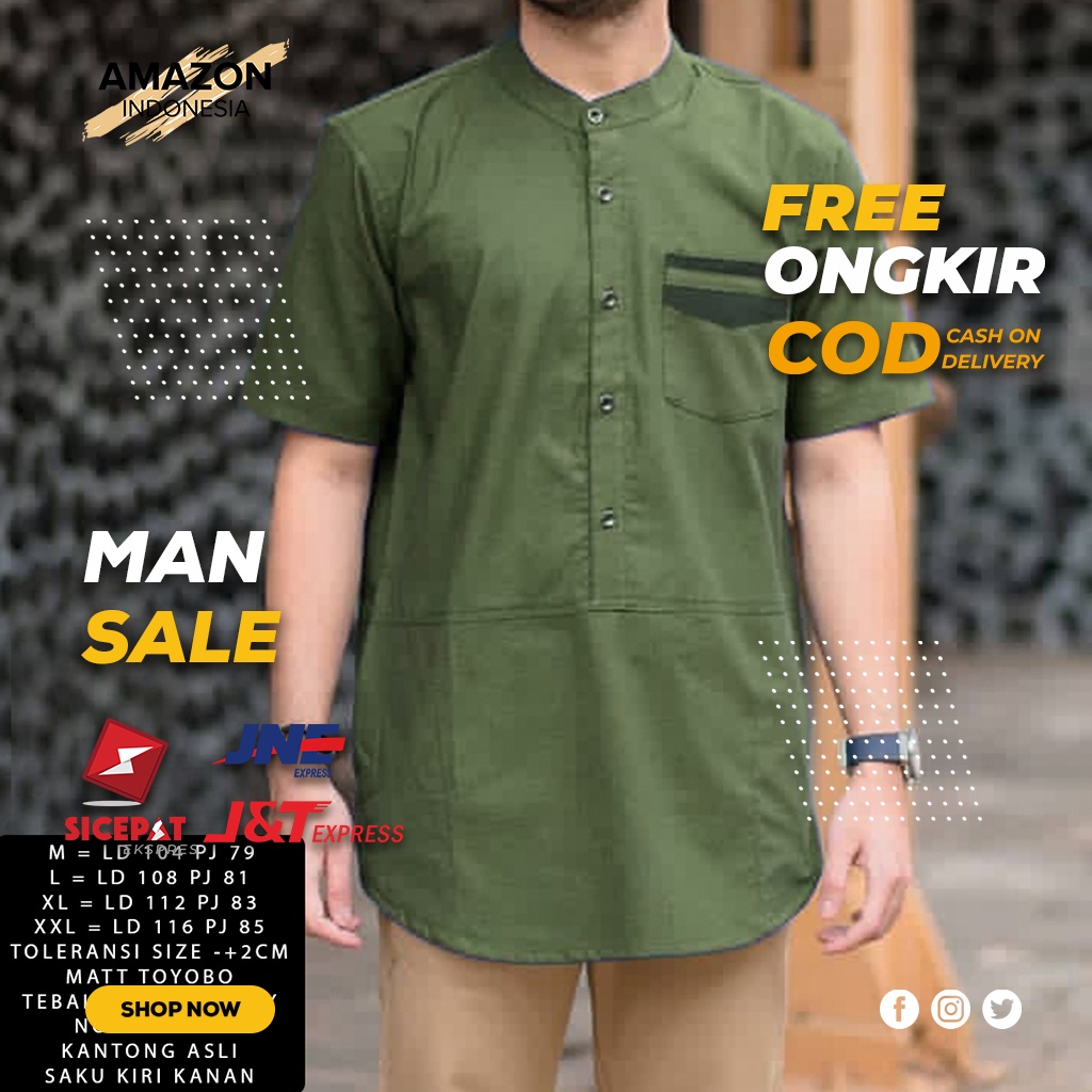 BAJU KOKO PRIA PAKAIAN MUSLIM CASUAL LENGAN PENDEK ATASAN MUSLIM WARNA ARMY POLOS KAIN KATUN TOYOBO ORI