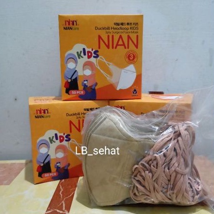Masker Duckbill Anak Hijab Nian Care Warna Pastel Tan Brown Coklat Isi 50 Pcs Medis 3 Ply
