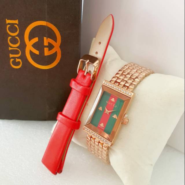 JAM TANGAN WANITA GUCCI RANTAI FREE TALI KULIT || DIAMETER 2.1 CM || COD