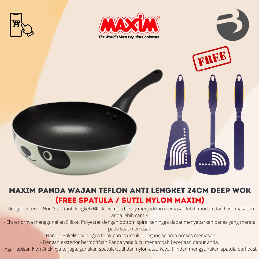 Maxim Panda Wajan Teflon Anti Lengket 24cm Deep Wok ( Free Spatula / Sutil Nylon maxim)