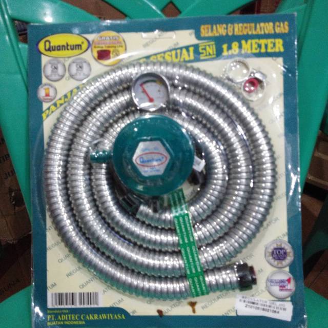 Selang gas lapis metal 1,8m dan regulator quantum paket QRL-032 SNI