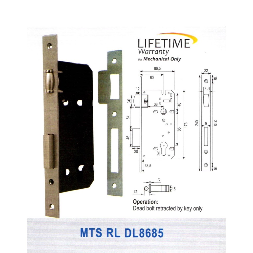 Jual MORTISE LOCK DEKKSON MTS RL DL8685 SSS Lockcase Pelor 60Mm Backset