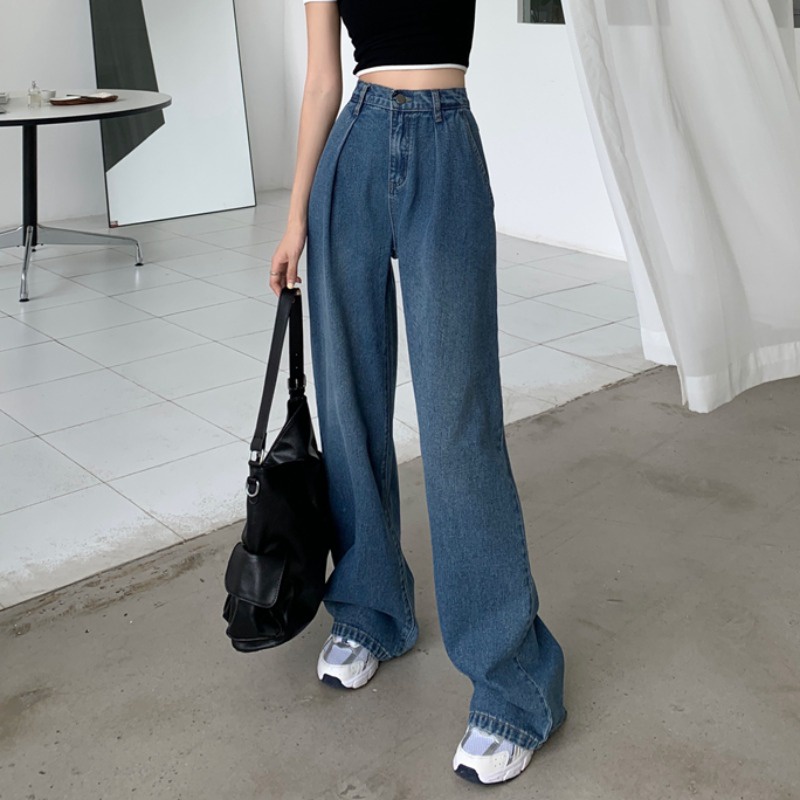 New biru laut high waist murah celana jeans panjang wanita boyfriend kulot