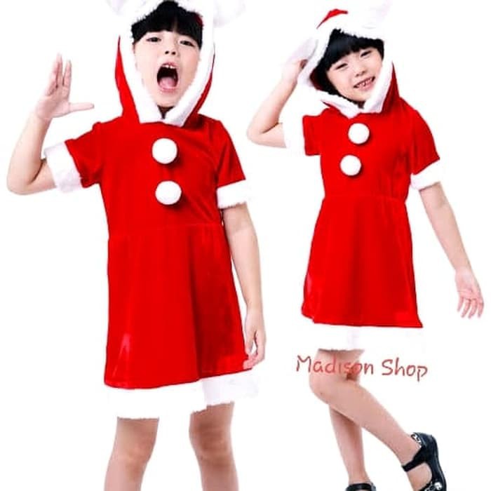 BAJU NATAL SANTA ANAK PEREMPUAN BAHAN BULU TEBAL PESTA KOSTUM NATAL