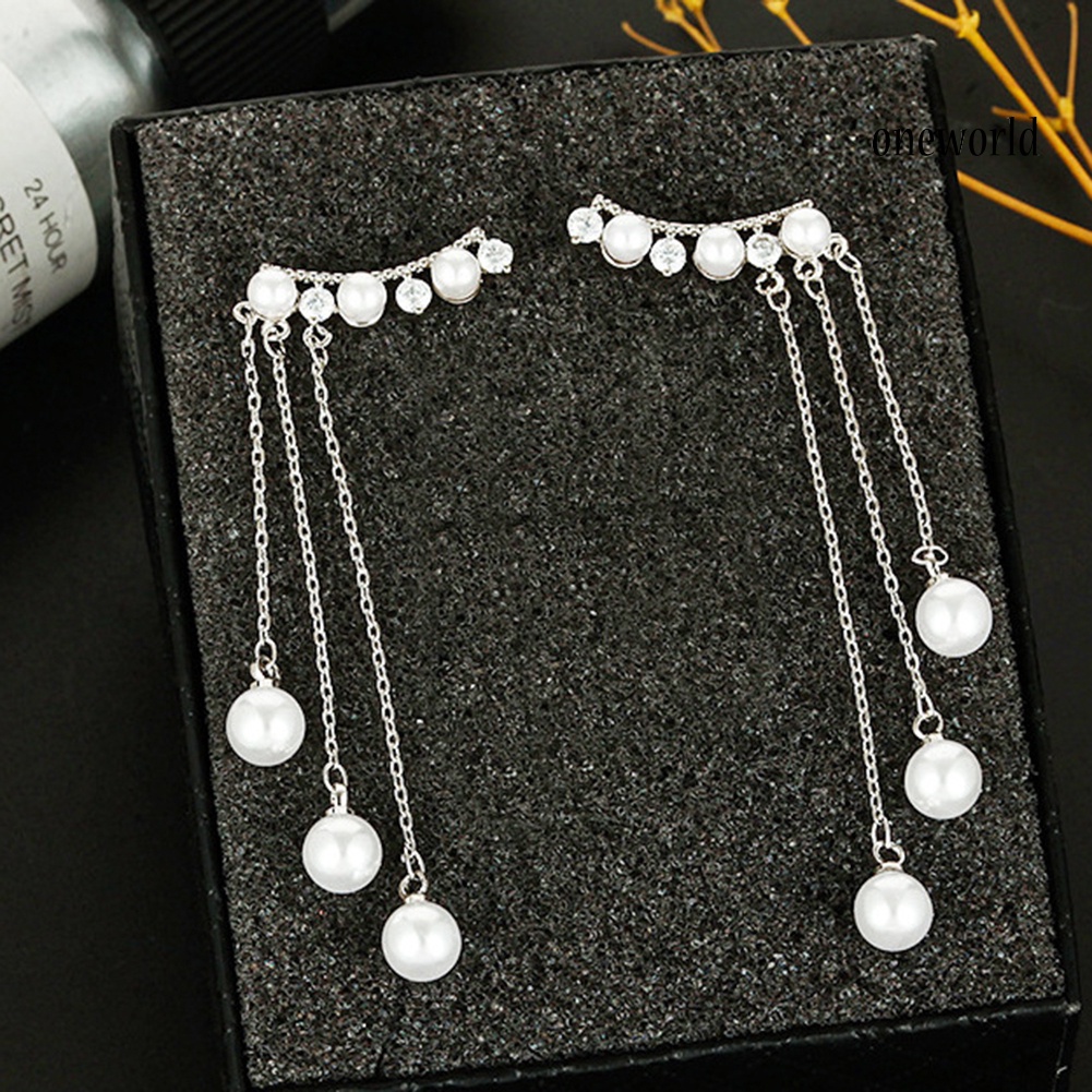 OW# Women Faux Pearls Inlaid Chain Tassel Dangle Ear Jackets Earrings Jewelry Gift