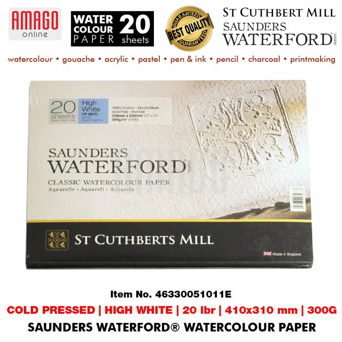 Saunders Waterford Watercolour Paper Cold Pressed - High White - 20 lbr - 300g - 410x310 mm