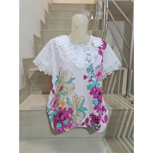 Blouse Brukat Bunga Renda Combi Brukat Impor XL-2XL-525 - Putih Ld 104