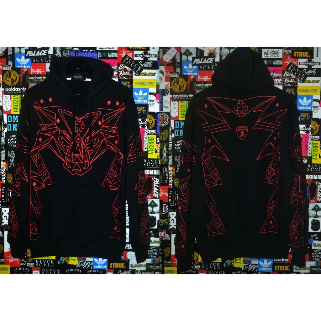 JAKET SWEATER HOODIE MARCELO BURLON HITAM MOTEF MERAH