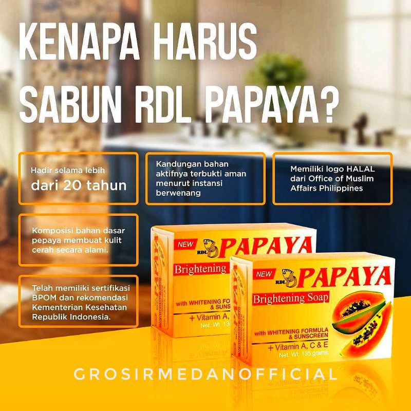 SABUN PEPAYA RDL ORIGINAL 100% - CARICA PAPAYA SOAP PEPAYA ORI ASLI 135 G - MENGHALUSKAN MENCERAHKAN KULIT