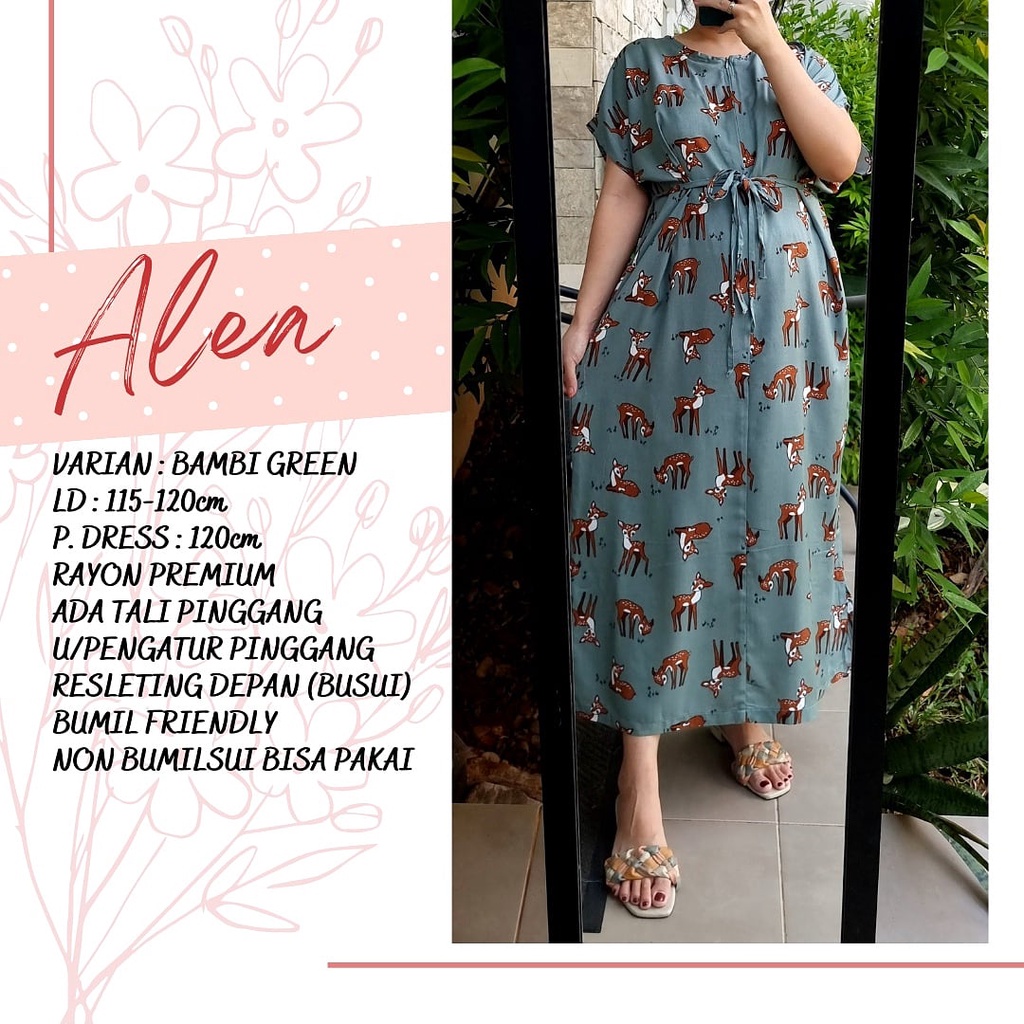 produk 2 Alea 120cm daster rayon jumbo bumil busui friendly adem resleting depan semata kaki-Bambi green