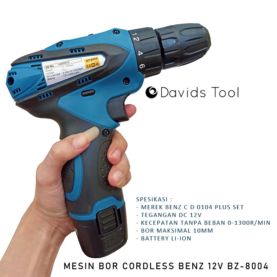 Mesin Bor Cordless Tanpa Kabel Cas Cordles Benz 10mm 12V BZ8004