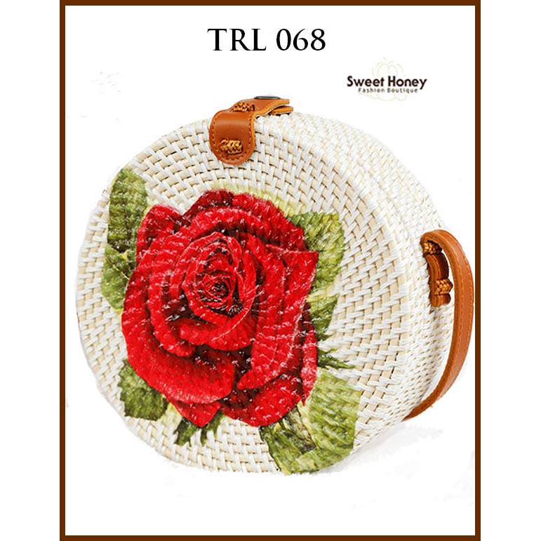 Sweet Honey ~ Grosir Tas Rotan Bulat Bali Lukis Decoupage Motif Bunga Mawar TRL068 Diameter 20cm Bisa COD