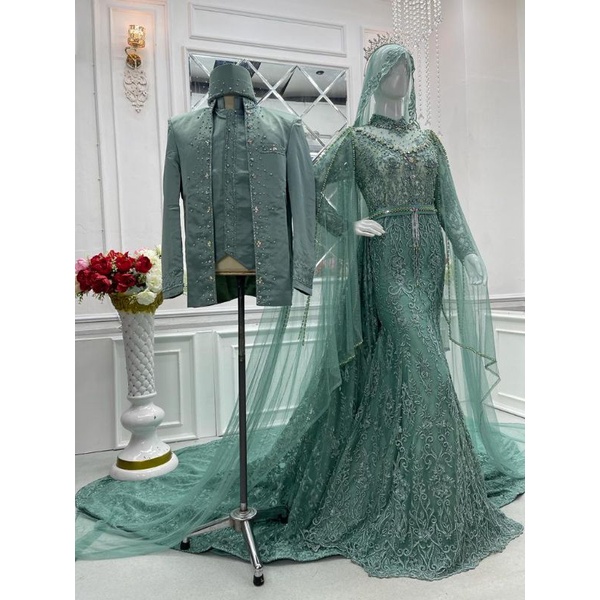 TERBARU COUPLE GAUN DRESS WEDDING | GAUN COUPLE MURAH | GAUN KEBAYA BEREKOR COUPLE BESKAP | BAJU PENGANTIN