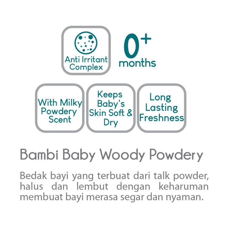 Bambi Baby Powder 100gr 250gr, Milky Prickly Woody, Bedak bayi harum