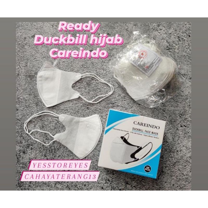 READY DUCKBILL HIJAB PUTIH CAREINDO CARE INDO 3 PLY / HIJAB 3 PLY MERK ONECARE EMBOS ISI 20 LBR. TALI SILANG PANJANG HEADLOOP ISI 50 PER BOX