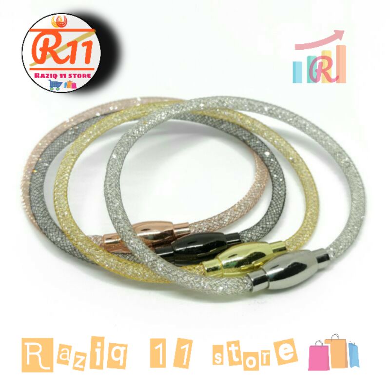 Gelang Tali Kawat Gliter Kristal Pandora Pengait Magnet Oval