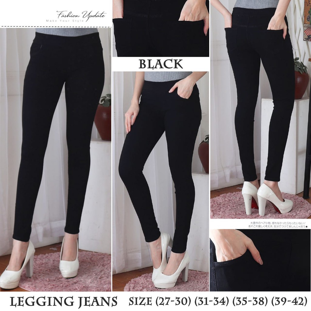 7C-G CELANA LEGGING JEANS PREMIUM HITAM /PINGGANG KARET JEANS /BIGSIZE /JUMBO JEANS /27 - 38