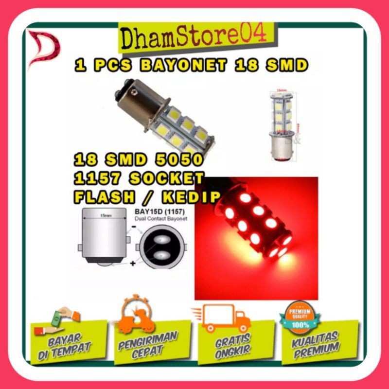 LAMPU REM LED BAYONET SMD 5050 18 TITIK STROBO MERAH 2 KAKI 1157