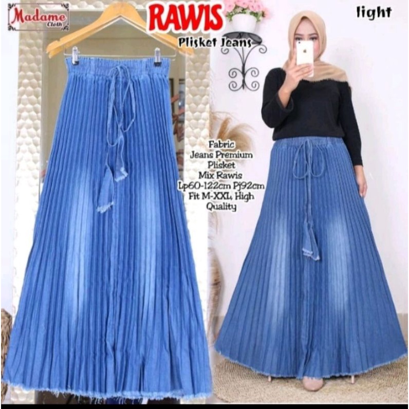 ROK JEANS PLISKET SUPER JUMBO KANCING WANITA/ROK WANITA PLISKET RAWIS DEWASA-Birumuda polos
