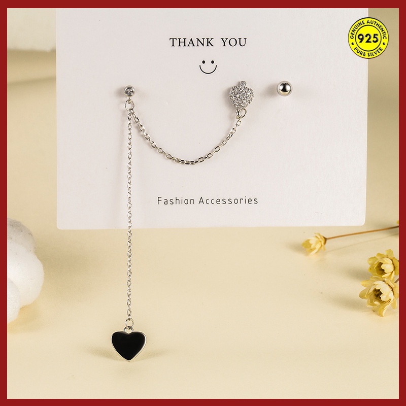 Anting Tusuk Asimetris Bahan Sterling Silver 925 Desain Hati Untuk Wanita