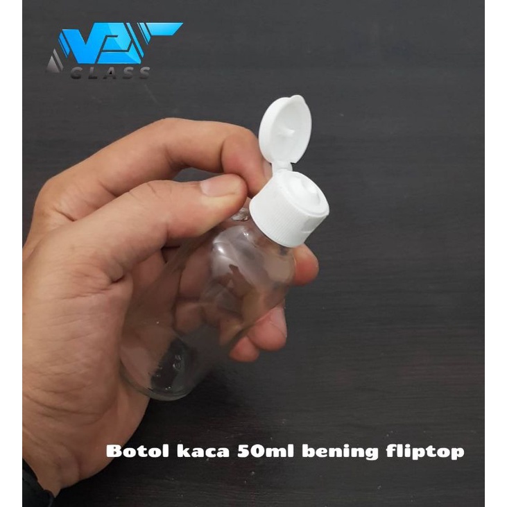 botol kaca 50ml bening tutup fliptop putih / botol fliptop 50ml kaca