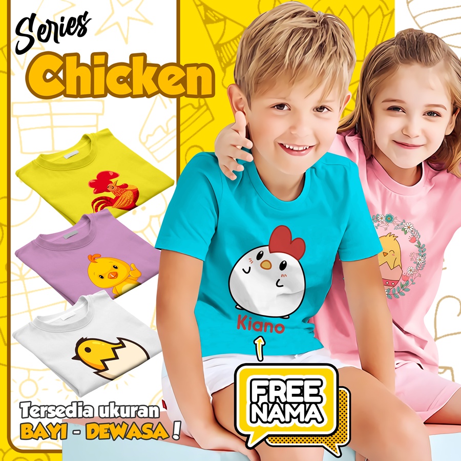 Baju Kaos ANAK DAN DEWASA CHICKEN AYAM COUPLE (FREE NAMA)