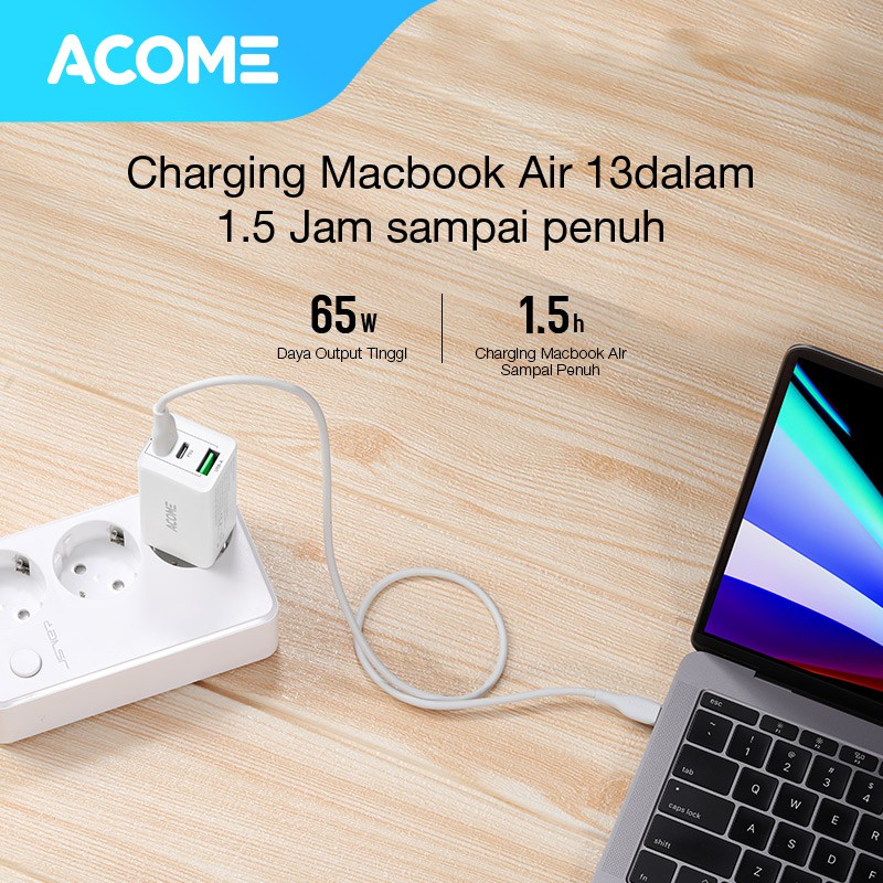 ACOME Charger GaN 65W Fast Charging QC3.0 PD VOOC 3 Ports Support Laptop/iPad Garansi Resmi 1 Tahun