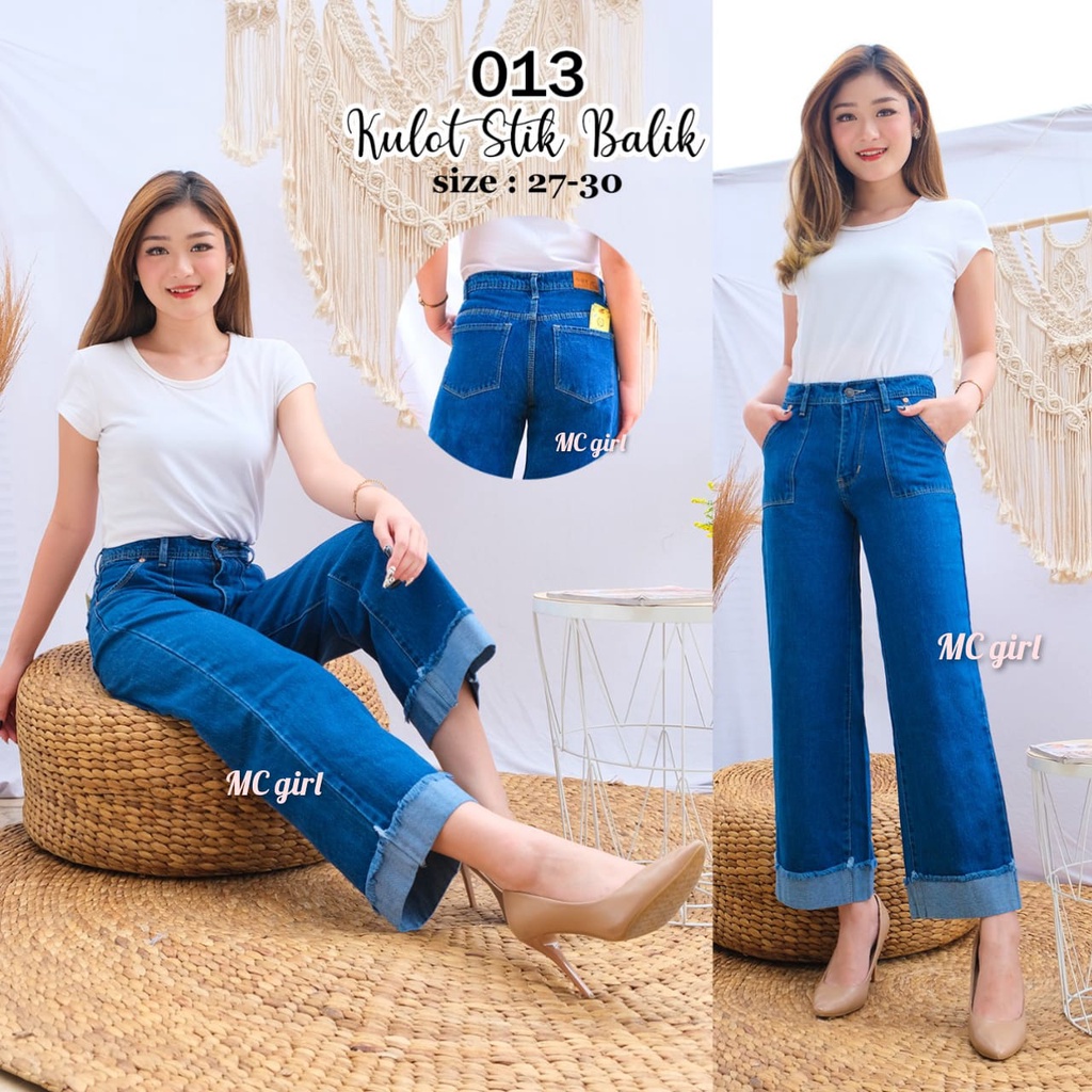 ( Size 27 - 34 ) MC girl - Celana Jeans Kulot Stick Balik Rumbai Wanita / Kulot Lepis Stik Balik Cewe / Kulot Boyfriend Kaki Lipat Rawis Cewek / Boifren Denim / Kaki Lebar