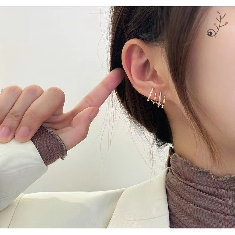 IFYOU Anting Stud Berlian Multilayer Warna Emas Gaya Korea Untuk Wanita