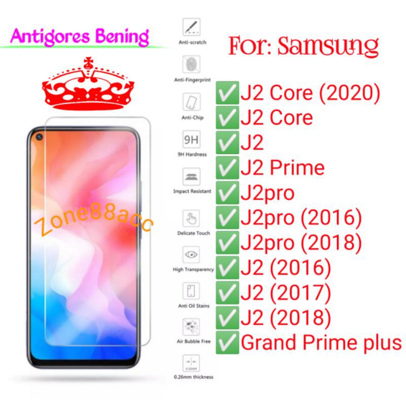 Samsung J2 J2Core J2prime J2pro Grand Prime Core Pro Antigores Bening Tempered Glass Screen TG