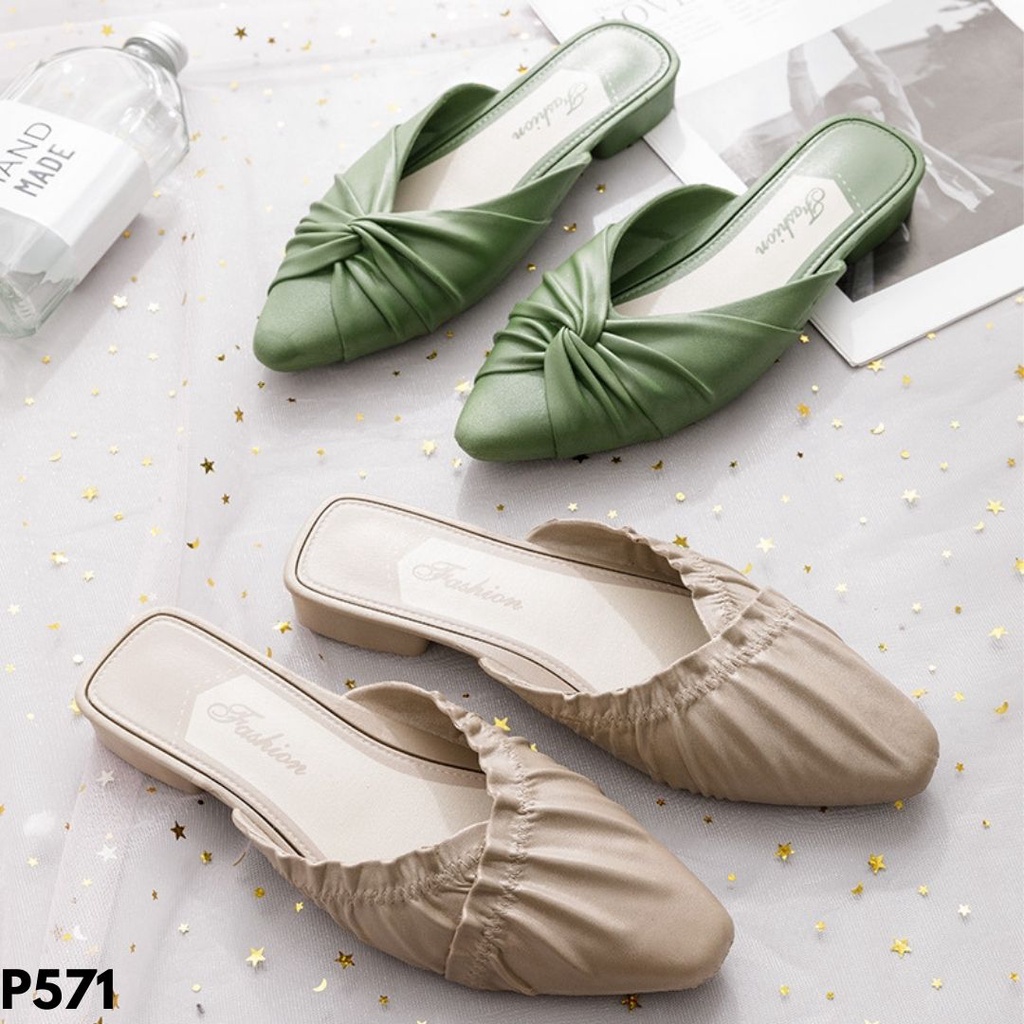 SANDAL FLAT MULES SELOP WANITA IMPORT KULIT CANTIK NYAMAN ELEGAN KASUAL FORMAL NONFORMAL MANIS P571