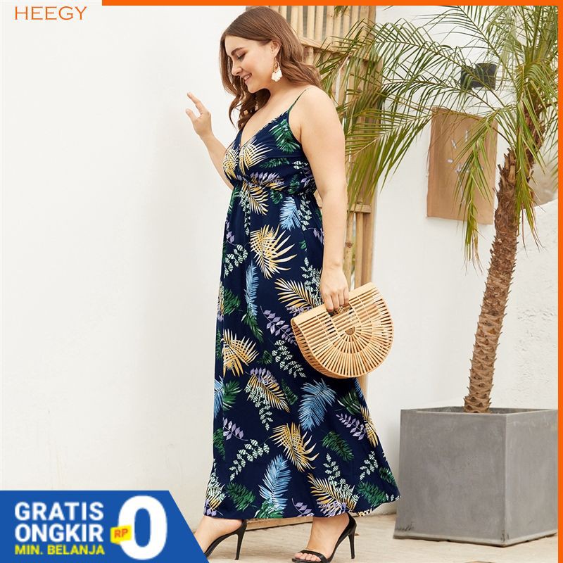 Dress Jumbo V Neck Floral Print High Waist Backless Long - Baju Big Size Wanita