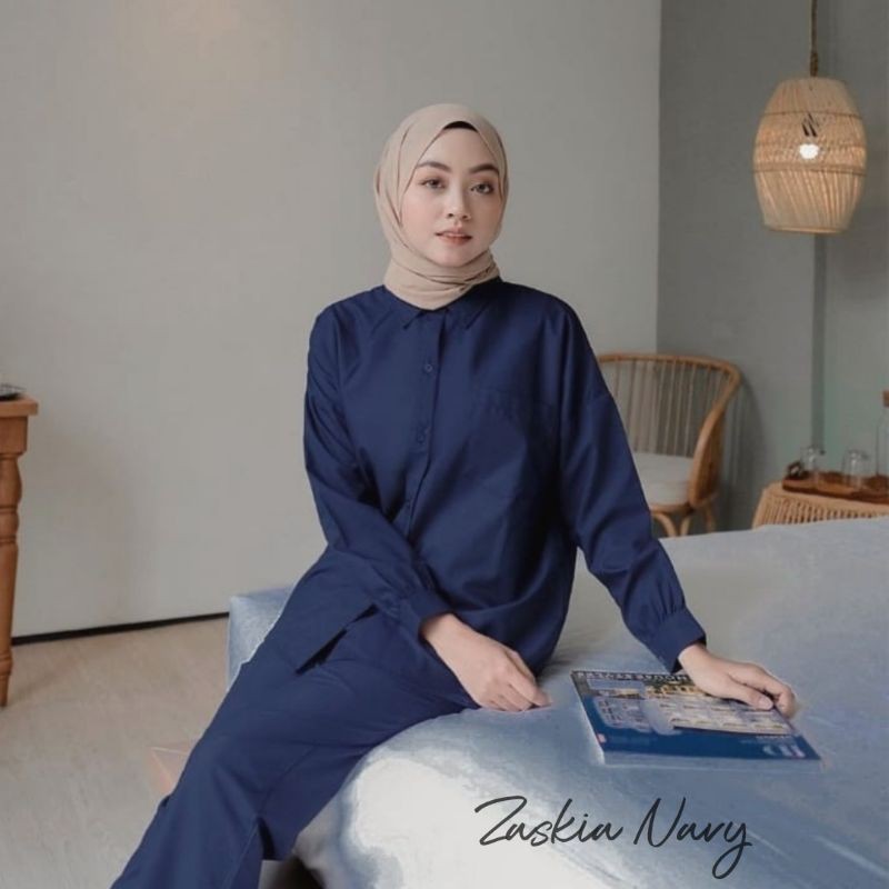 One set Rayon Viscose Busui Ld 100 - 110 Motif Kekinian-ZASKIA NAVY SET 100