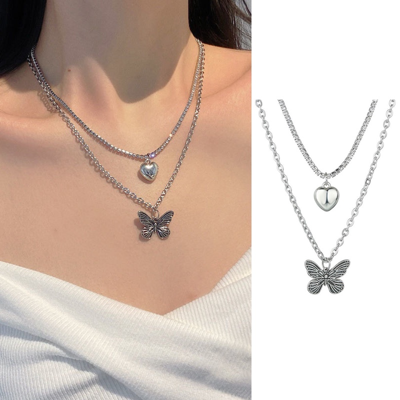 IFYOU Korea Fashion Butterfly Necklace Heart Pendant Necklace Gold Silver Chain Choker Women Jewelry Accessories