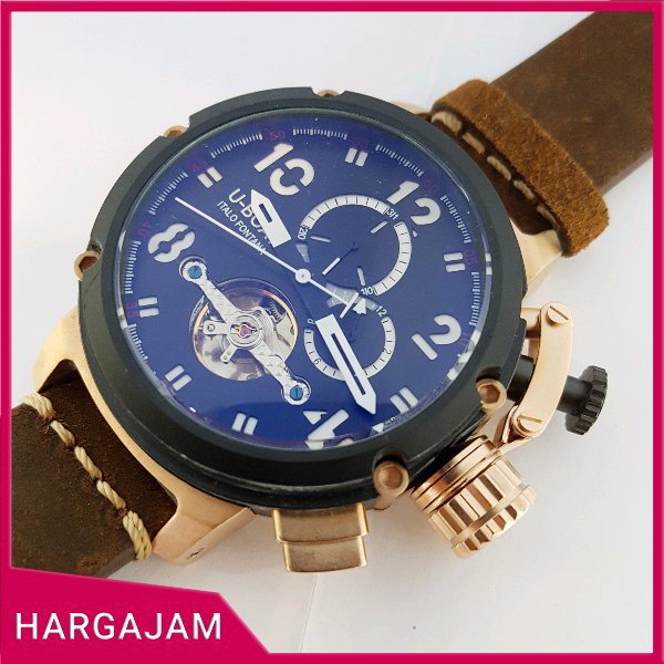 BARU Jam Tangan Pria Automatic U-boat U2301 Super Chrono Strap Leather Brown Bezel Rosegold