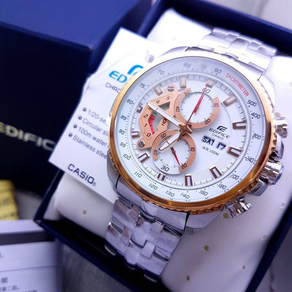 Casio Edifice Original Japan EFR 558D  - 1A2VUDF Chain Stainless Silver Dial Gold