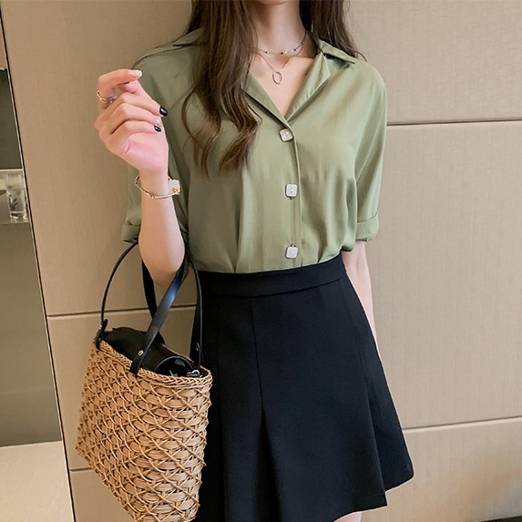【xiaozhainv】Kemeja wanita gaya baru lengan pendek desain atasan longgar-5