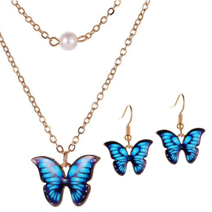 Set Kalung + Anting Kait Gantung Wanita Desain Kupu-Kupu Hias Manik Multi Warna Gaya Retro Korea Butterfly