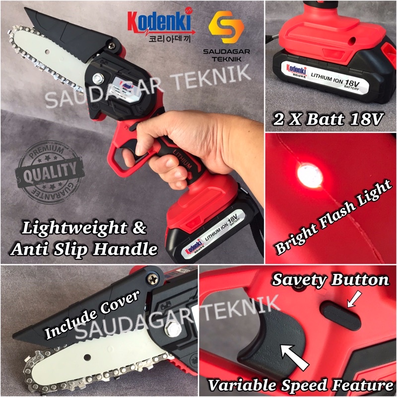 Chainsaw Cordless Mini 18V 4 Inch Kodenki Mesin Gergaji Potong Kayu Pohon Baterai Batre Chain Saw Portable 4&quot;