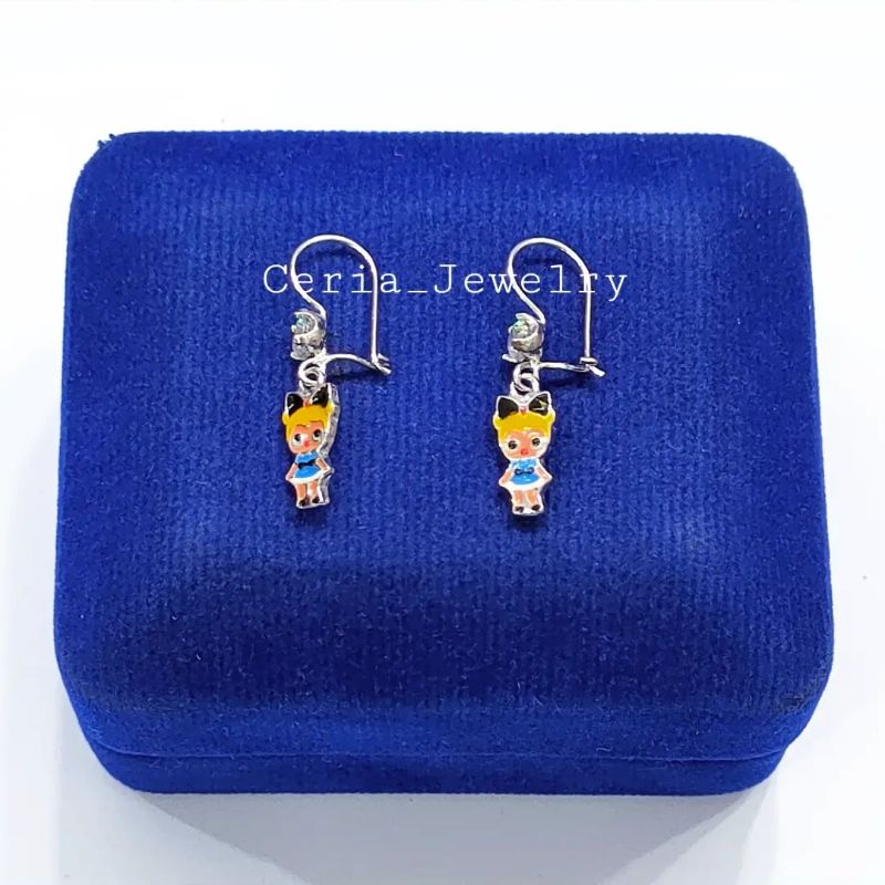 Anting Anak Perak Asli Silver Wanita 925 Lapis Emas Putih Model Karakter LOL Kramik Warna, - Perhiasan Perak Anak Asli