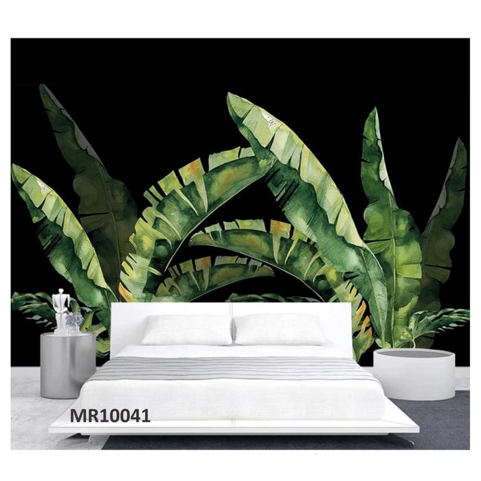 WALLPAPER MURAL DINDING WALLPAPER MURAL  DAUN HIJAU NATURAL DASAR HITAM