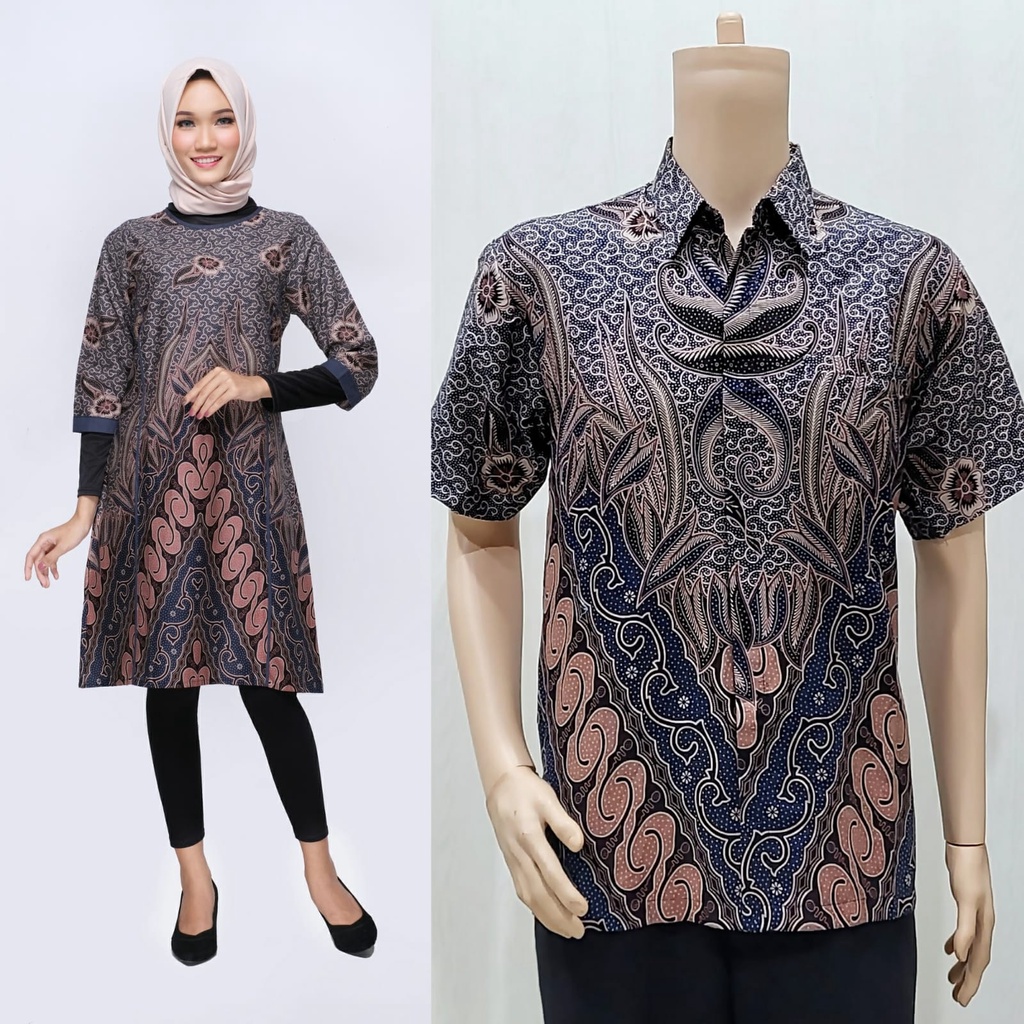 Set Couple Sarimbit Keluarga Lebaran Tunik Batik Muslim 3004 Biru