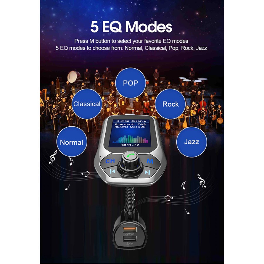 Bluetooth Audio Receiver FM Transmitter with USB Car Charger - E4354