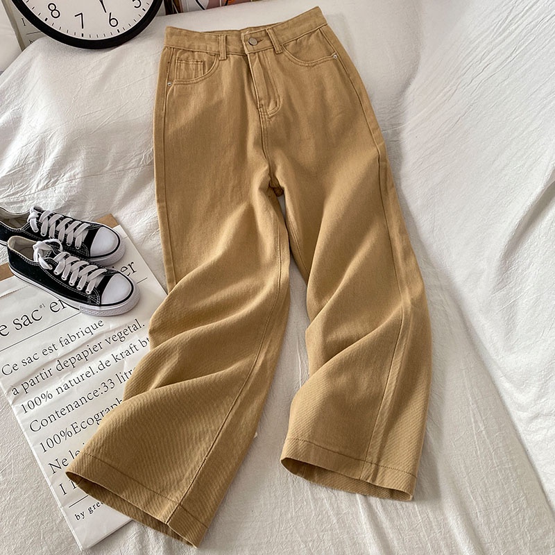 Khaki Highwaist Kulot Jeans Wanita Loose（relpict）