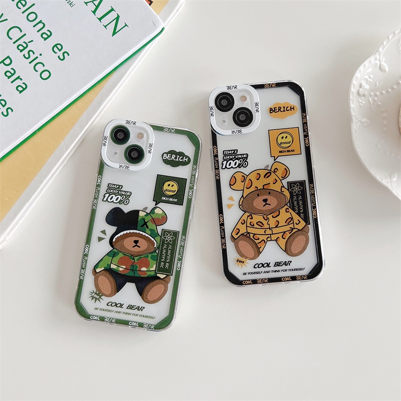 Case Pelindung Lensa Tahan Jatuh Motif Leopard Beruang Hijau Untuk iPhone 11 12 13 Pro MAX X XR XSMAX 7 8 Plus