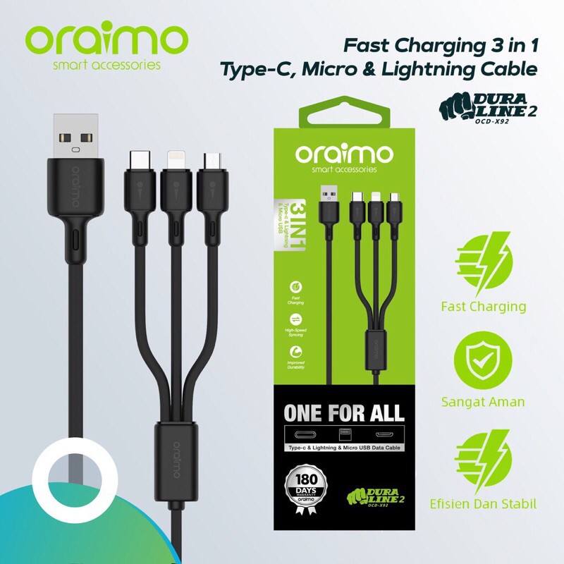 ORAIMO OCD-X92 Kabel Data 3in1 Fast Charging Type-C, Micro USB &amp; Lightning Data Cable Charger - Garansi 1 Tahun